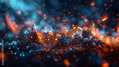 White glowing musical notes on black background, musical wave with music note and white sparkly line, light gold and dark amber tones Generative AI