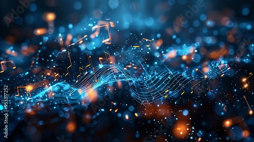 White glowing musical notes on black background, musical wave with music note and white sparkly line, light gold and dark amber tones Generative AI