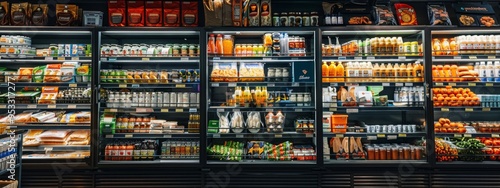 Refrigerated grocery display shelves filled with assorted products