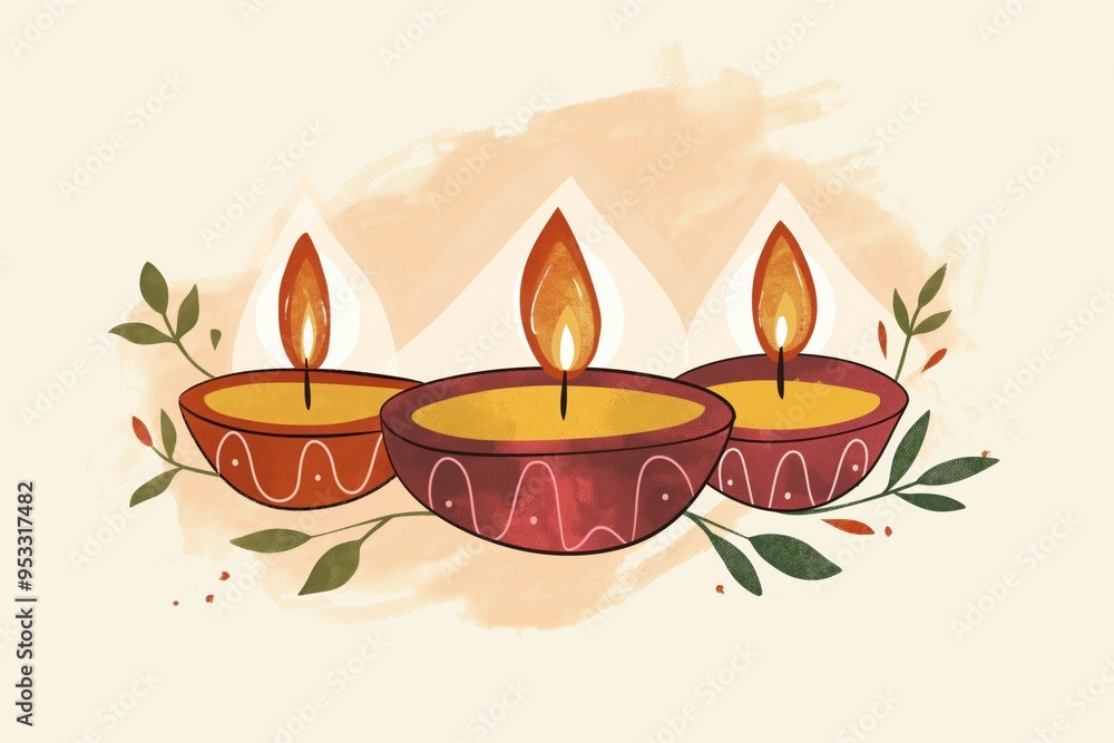 Obraz premium Beautiful illustration of three traditional diya lamps burning with a bright flame, surrounded by leaves and flowers on a soft background