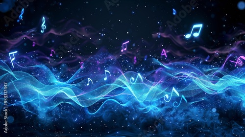 White glowing musical notes on black background, musical wave with music note and white sparkly line, light gold and dark amber tones Generative AI