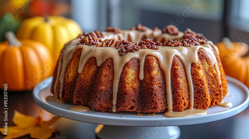 Fototapeta Naklejka Na Ścianę i Meble -  Freshly baked pumpkin spice bundt cake topped with pecans and a rich cream cheese icing