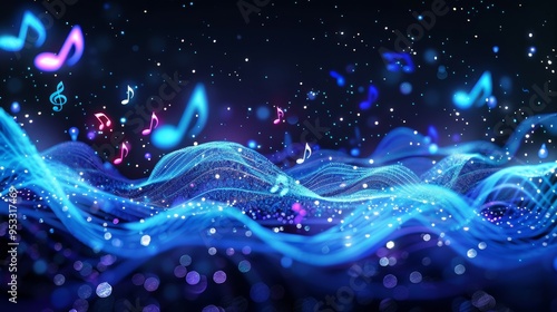 White glowing musical notes on black background, musical wave with music note and white sparkly line, light gold and dark amber tones Generative AI