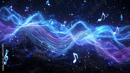 White glowing musical notes on black background, musical wave with music note and white sparkly line, light gold and dark amber tones Generative AI