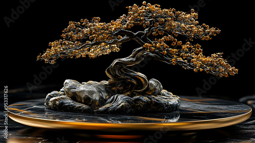 Golden bonsai tree on black...
