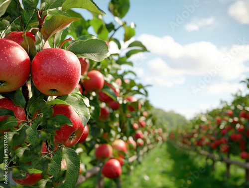 Rows of apple trees laden with ripe, red apples stretch into the distance under a bright blue sky. 