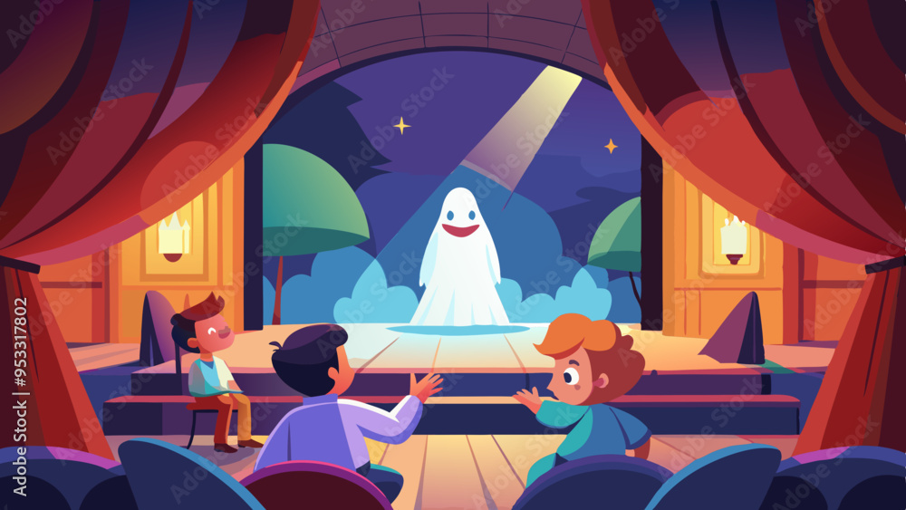 Children Hiding from Ghost in Abandoned Theater, Spooky Illustration of Kids and Haunted Setting Children Hiding from Ghost in Abandoned Theater, Spooky Illustration of Kids and Haunted Setting