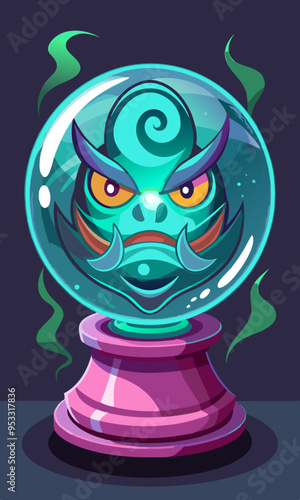 A witch’s crystal ball with swirling magical energy and a ghostly face appearing within. The face is detailed, reflecting mystical knowledge.
