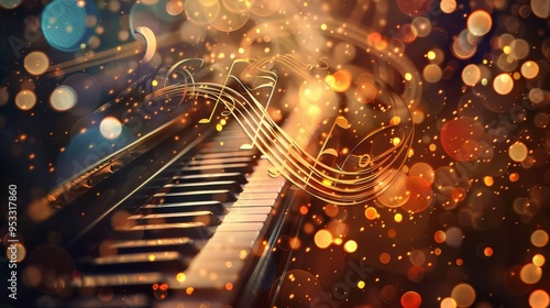 White glowing musical notes on black background, musical wave with music note and white sparkly line, light gold and dark amber tones Generative AI