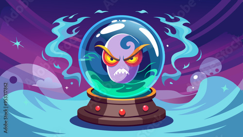 A witch’s crystal ball with swirling magical energy and a ghostly face appearing within. The face is detailed, reflecting mystical knowledge.
