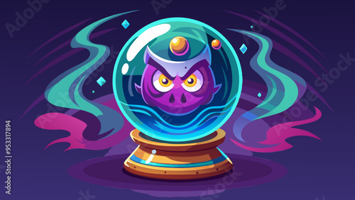A witch’s crystal ball with swirling magical energy and a ghostly face appearing within. The face is detailed, reflecting mystical knowledge.
