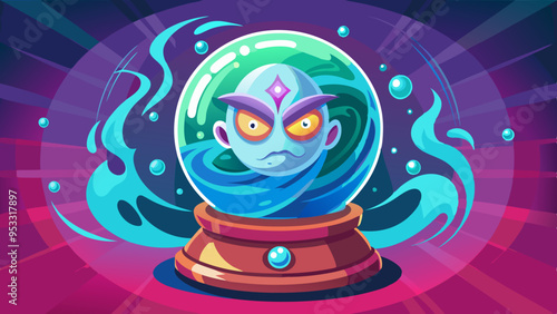 A witch’s crystal ball with swirling magical energy and a ghostly face appearing within. The face is detailed, reflecting mystical knowledge.
