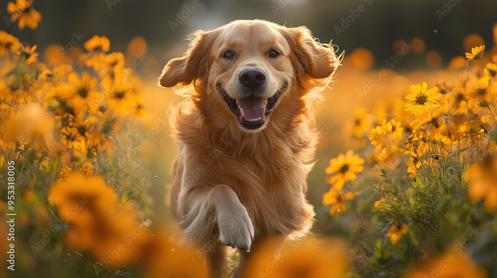 A Golden Retriever running through a field of wildflowers, capturing the sense of freedom and adventure in nature.