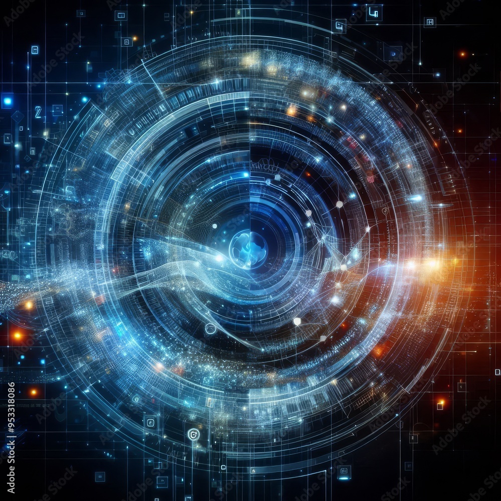 Obraz premium Digital backdround ideal for technological operations, neural networks, AI, data transmission and encryption, digital archives, audio and visual representations, scientific research 