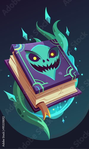 Floating spellbook with glowing runes and a ghostly face appearing from the pages. 
