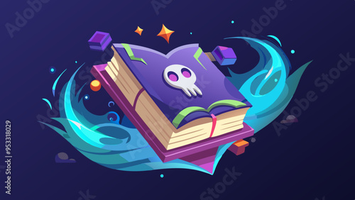 Floating spellbook with glowing runes and a ghostly face appearing from the pages. 