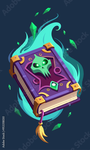 Floating spellbook with glowing runes and a ghostly face appearing from the pages. 