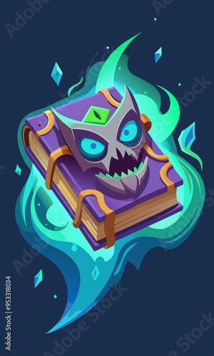 Floating spellbook with glowing runes and a ghostly face appearing from the pages. 
