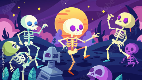 A graveyard with skeletons dancing under the moonlight, each with detailed, animated faces showing a mix of joy and eeriness.
