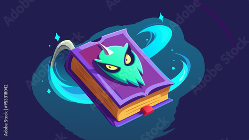 Floating spellbook with glowing runes and a ghostly face appearing from the pages. 