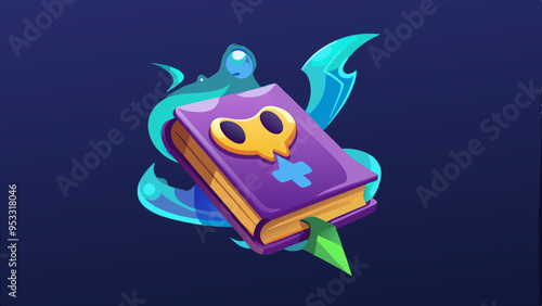 Floating spellbook with glowing runes and a ghostly face appearing from the pages. 