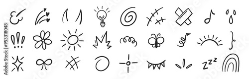 Line movement elements, star, arrows and comic hand drawn cartoon icons. Outline vector illustration.