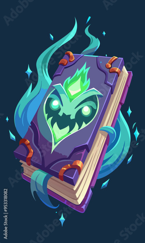 Floating spellbook with glowing runes and a ghostly face appearing from the pages. 
