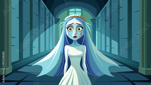 A ghostly bride with a sorrowful yet beautiful face, drifting through a dark, abandoned hallway. Her expression is both haunting and graceful.
