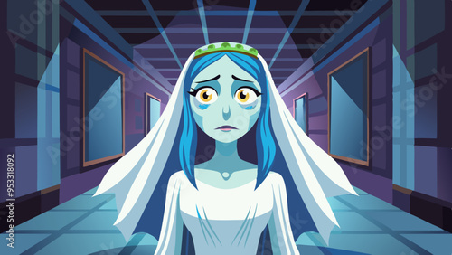 A ghostly bride with a sorrowful yet beautiful face, drifting through a dark, abandoned hallway. Her expression is both haunting and graceful.
