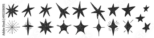 Crayon doodle with light, shine, twinkle of stars. Hand drawn black and white vector illustration for kids in hand drawn style.