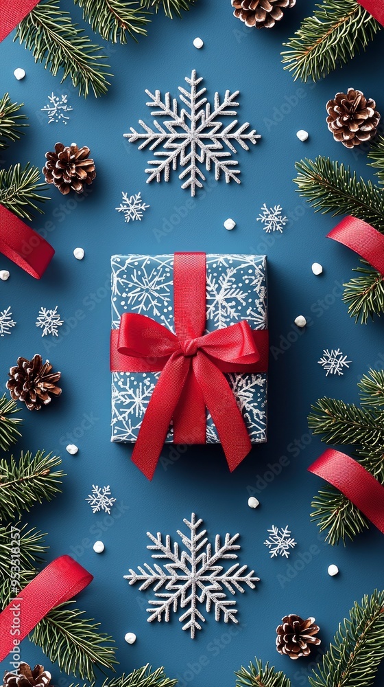 Christmas Gift with Snowflake Decorations on a Blue Background Christmas Gift with Snowflake Decorations on a Blue Background