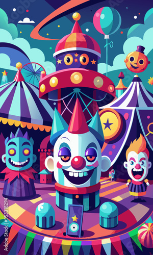 A Spooky carnival scene with creepy clowns and ghosts having animated, expressive faces. The carnival rides and decorations add to the spooky atmosphere. 