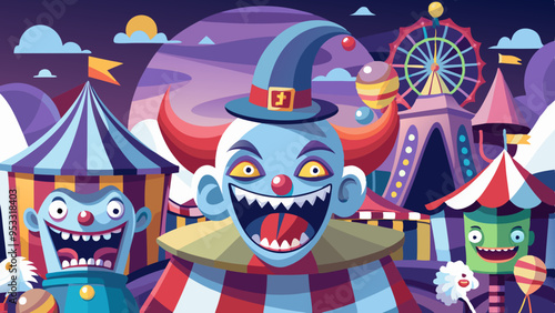 A Spooky carnival scene with creepy clowns and ghosts having animated, expressive faces. The carnival rides and decorations add to the spooky atmosphere.
