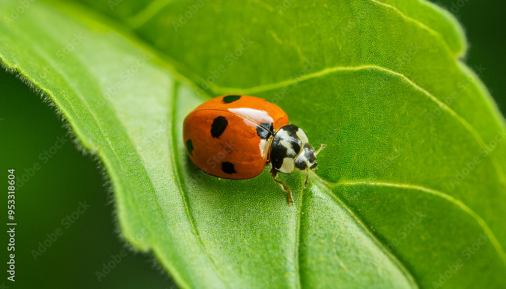 Lady bug on green leaf. Small insect. Ecology and environment concept. Close-up. Lady bug on green leaf. Small insect. Ecology and environment concept. Close-up.