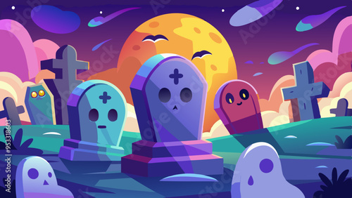 A Haunted Cemetery scene with detailed ghost faces rising from tombstones. Each ghost’s face shows a range of emotions, from sorrowful to eerie.
