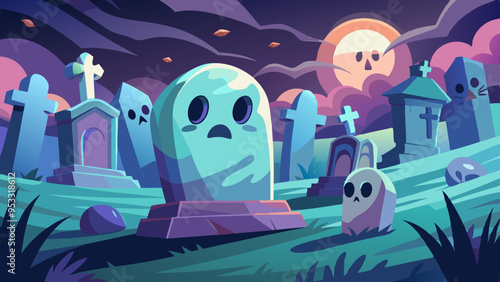 A Haunted Cemetery scene with detailed ghost faces rising from tombstones. Each ghost’s face shows a range of emotions, from sorrowful to eerie.
