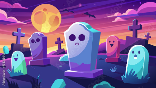 A Haunted Cemetery scene with detailed ghost faces rising from tombstones. Each ghost’s face shows a range of emotions, from sorrowful to eerie.

