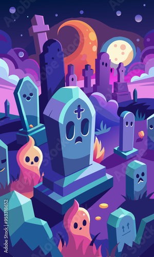 A Haunted Cemetery scene with detailed ghost faces rising from tombstones. Each ghost’s face shows a range of emotions, from sorrowful to eerie.
