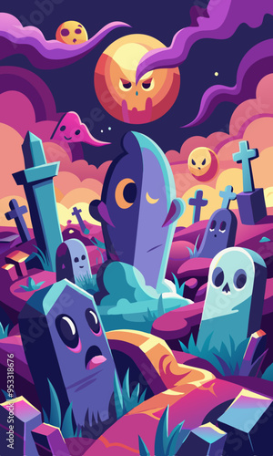 A Haunted Cemetery scene with detailed ghost faces rising from tombstones. Each ghost’s face shows a range of emotions, from sorrowful to eerie.
