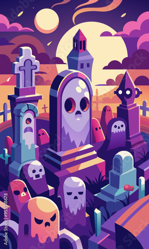 A Haunted Cemetery scene with detailed ghost faces rising from tombstones. Each ghost’s face shows a range of emotions, from sorrowful to eerie.
