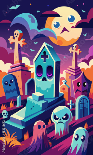 A Haunted Cemetery scene with detailed ghost faces rising from tombstones. Each ghost’s face shows a range of emotions, from sorrowful to eerie.
