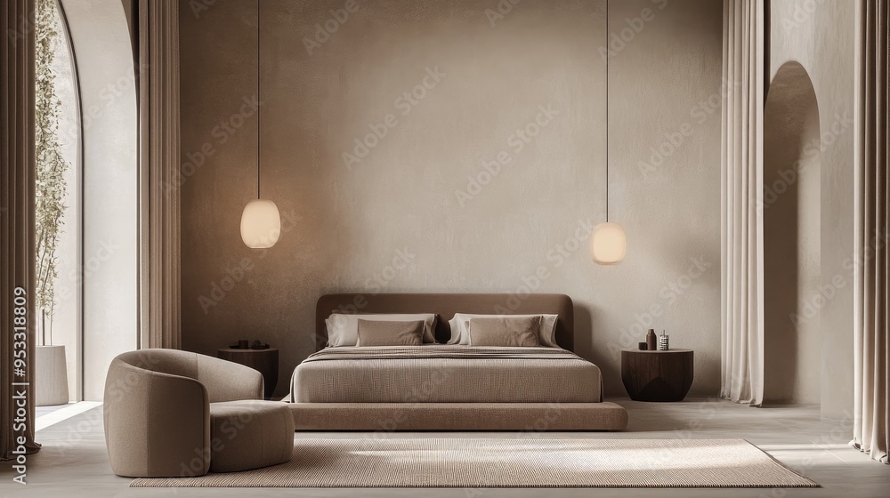 Fototapeta premium Minimalist bedroom with a bed, a chair, and two pendant lights.