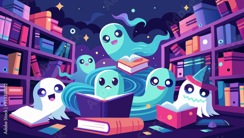 A Haunted library with ghostly librarians having detailed, friendly yet slightly eerie faces. The floating books and magical atmosphere enhance their expressions.
