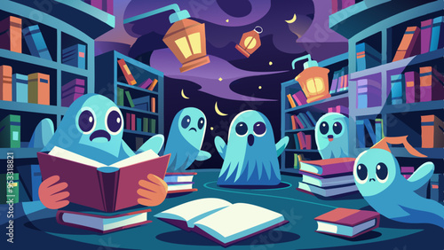 A Haunted library with ghostly librarians having detailed, friendly yet slightly eerie faces. The floating books and magical atmosphere enhance their expressions.
