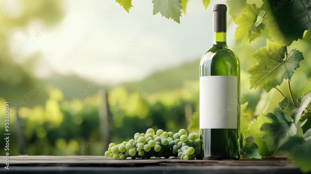 Fototapeta premium Crisp white wine bottle with blank label, nestled amongst grapes in a sun-drenched vineyard setting. 