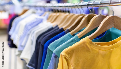 Plain t-shirts of different colors hang on hanger. Blurred store interior. Clothes and fashion