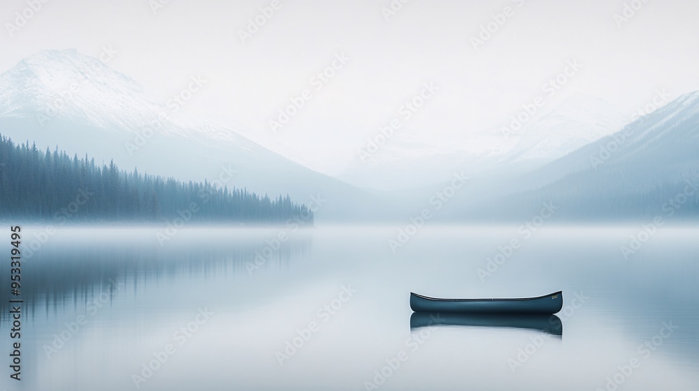 Obraz premium Serene landscape featuring a solitary canoe on a misty lake surrounded by mountains.