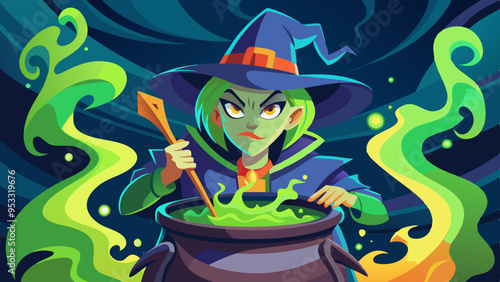 A cauldron with a bubbling green potion and a witch with a focused face, her expression illuminated by the cauldron’s glow.