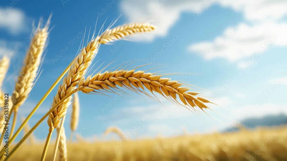 Golden Wheat Field Under a Blue Sky: A close-up of golden wheat stalks swaying gently in the breeze against a backdrop of a vibrant blue sky with fluffy white clouds. Golden Wheat Field Under a Blue Sky: A close-up of golden wheat stalks swaying gently in the breeze against a backdrop of a vibrant blue sky with fluffy white clouds.