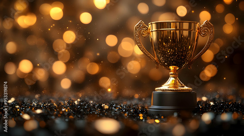 Golden trophy on a black gl...